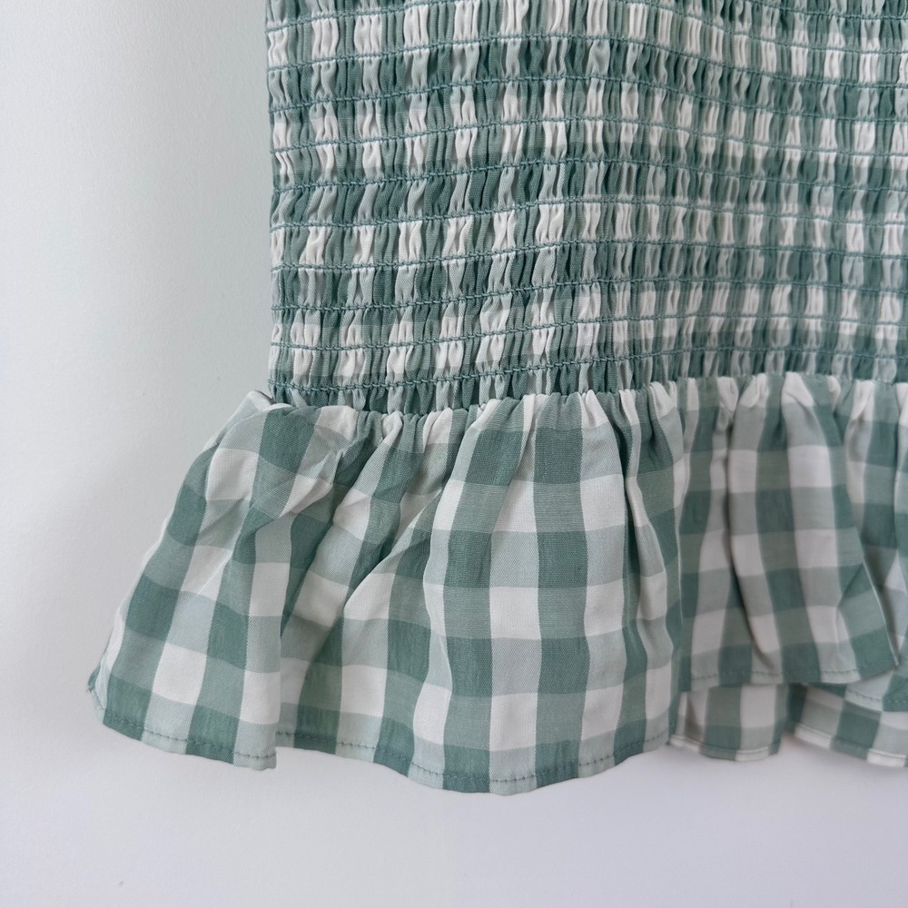 Reformation Gemini Dress Green Gingham Smocked Tie Shoulder Mini Ruffle Size S - Picture 8 of 12